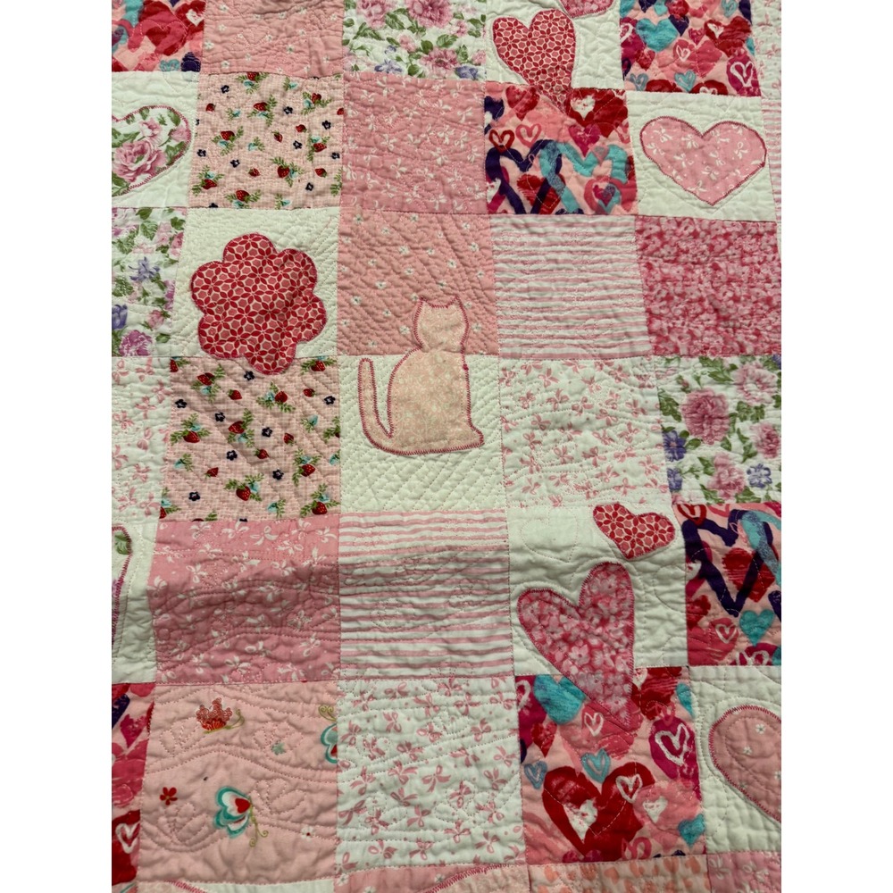 Handmade Pink Patchwork Quilt Cat Heart Floral Applique Nursery Blanket 44x44 - Picture 2 of 14